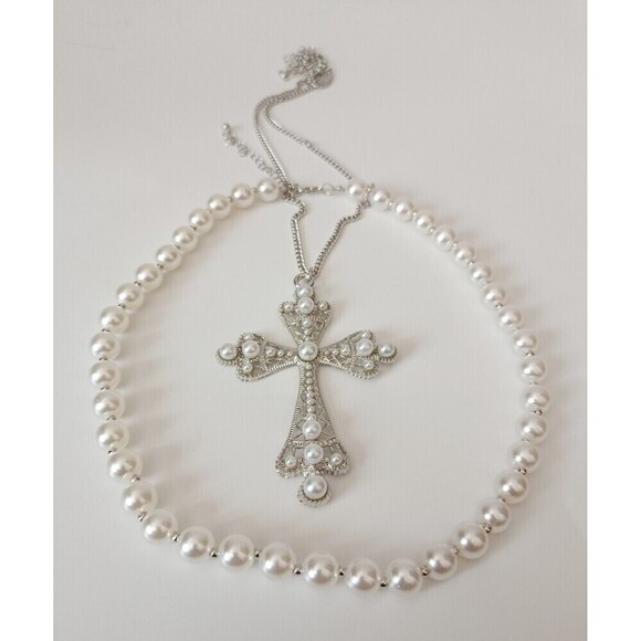 Fashion Jewelry Other - 2 piece Vintage Style Cross & Faux Pearl Pendant Necklace